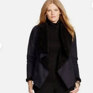 LAUREN RALPH LAUREN Women's Black Faux Suede Sherpa Drape Front Coat Jacket M